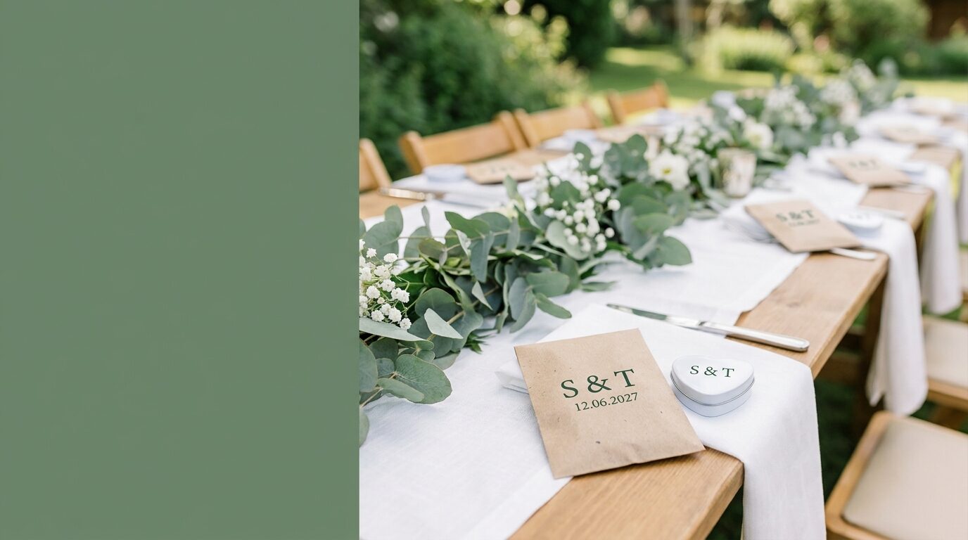 Hochzeitstafel mit Blumensamen und Pfefferminzdosen mit Initialen und Hochzeitsdatum