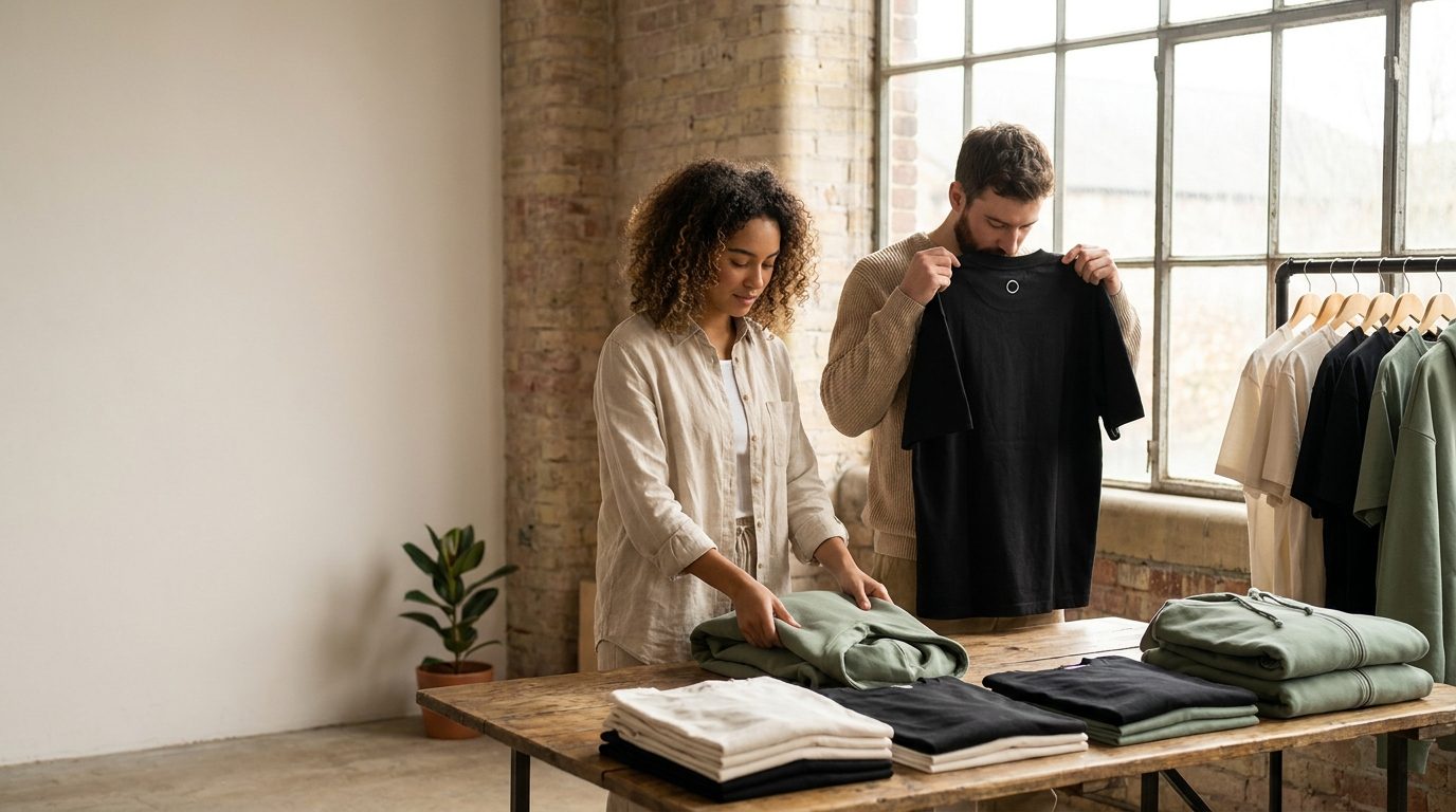 Zwei Gründer prüfen ihre erste eigene Kollektion: T-Shirts und Hoodies mit kleinem Nackendruck