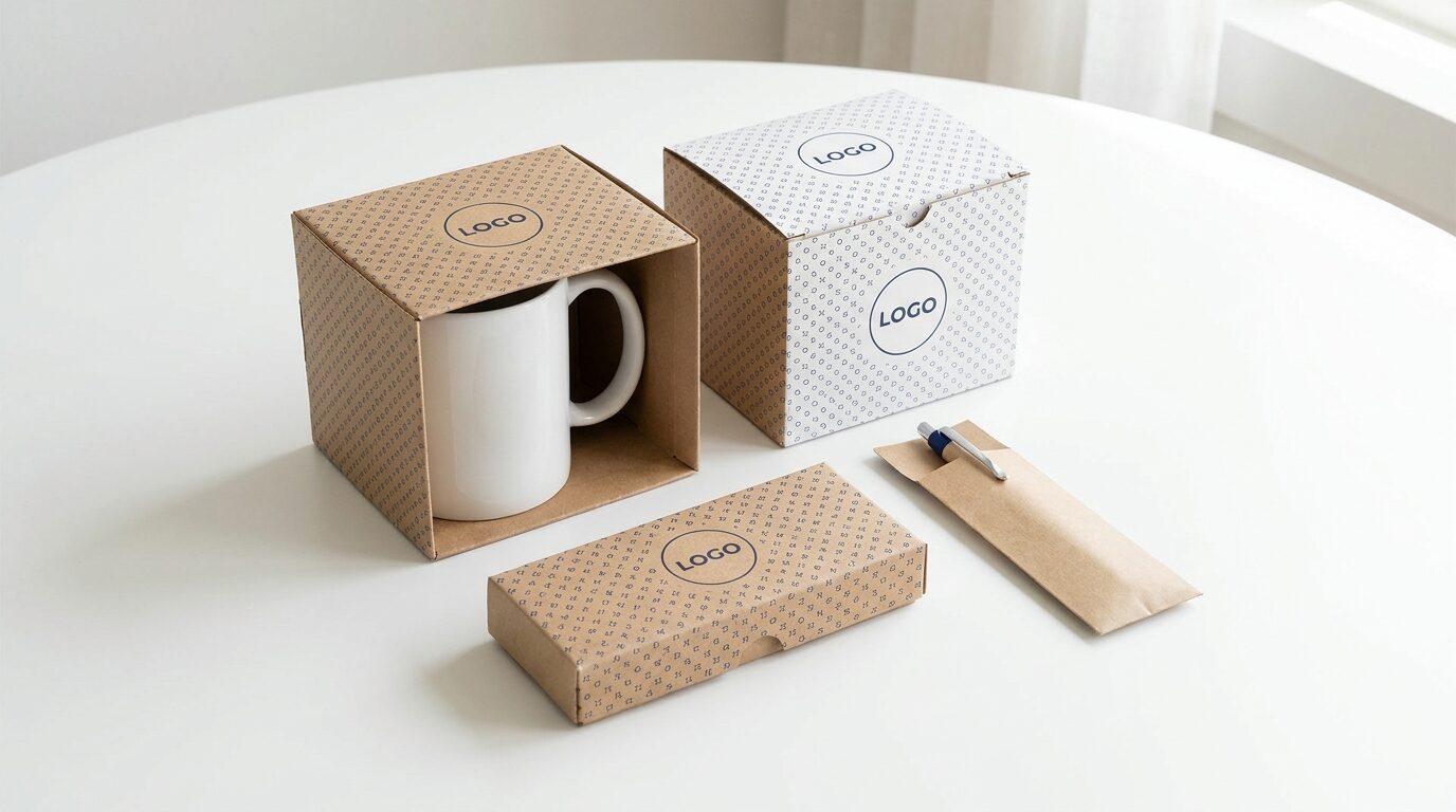 Bedruckte Geschenkboxen für Flasche, Tasse und Sonnenbrille und ein Stifte-Sleeve