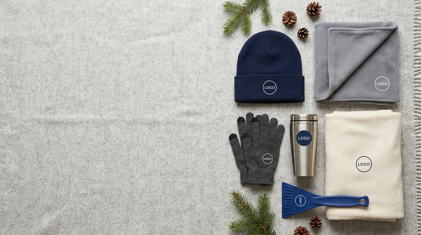 Winter-Werbegeschenke mit Logo: Mütze, Schal, Handschuhe, Thermobecher, Decke und Eiskratzer