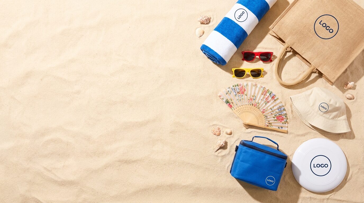 Sommer-Werbegeschenke mit Logo: Strandtasche, Sonnenbrillen, Fächer und Kühltasche
