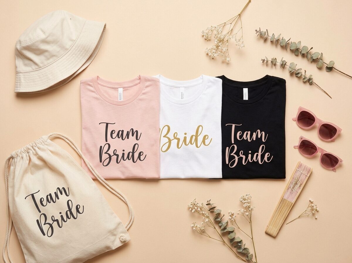 Team Bride Shirts mit Bucket Hat, Turnbeutel, Sonnenbrillen und Fächer