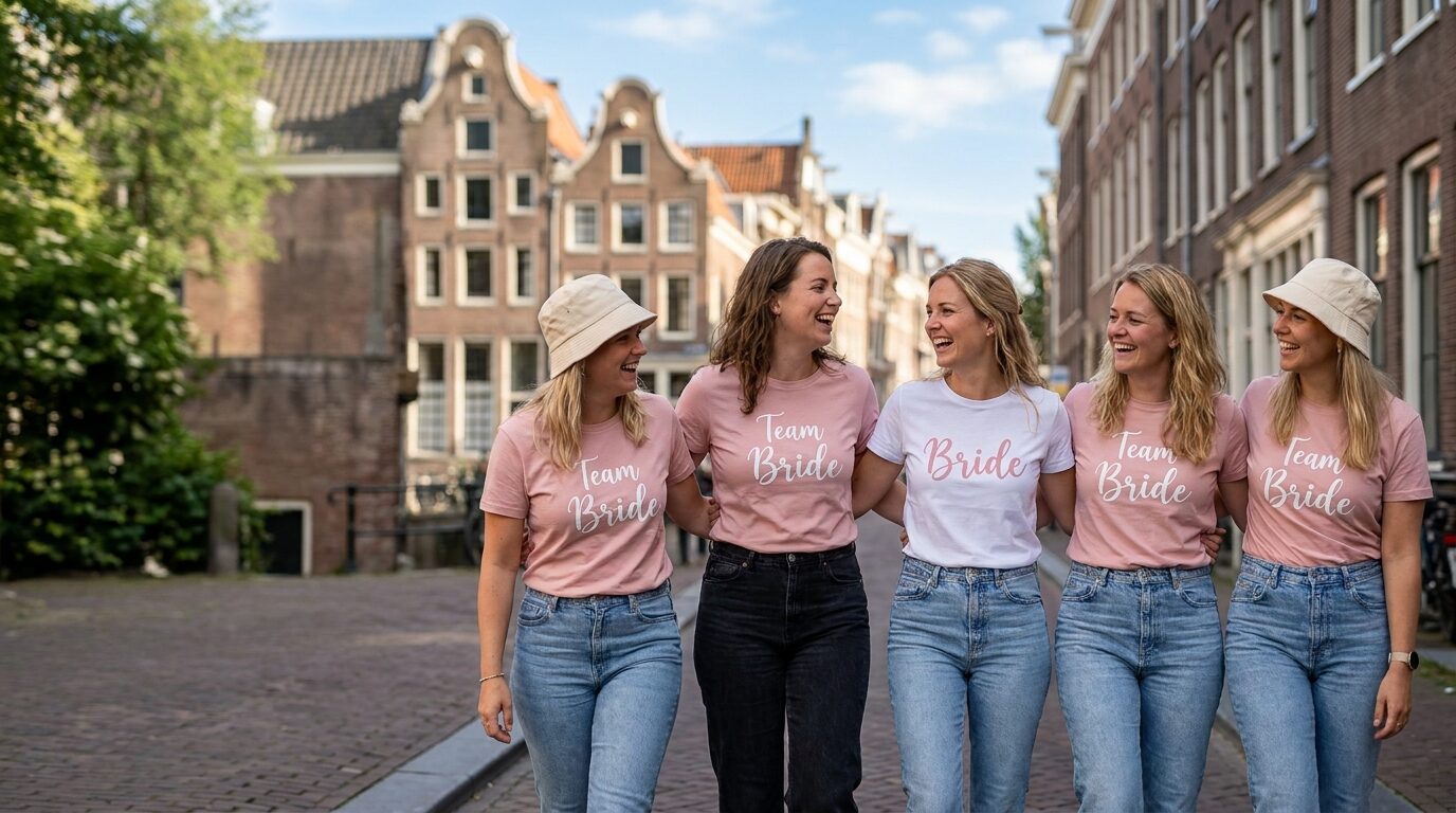 Freundinnen in rosa Team Bride Shirts und die Braut in einem weißen Bride Shirt