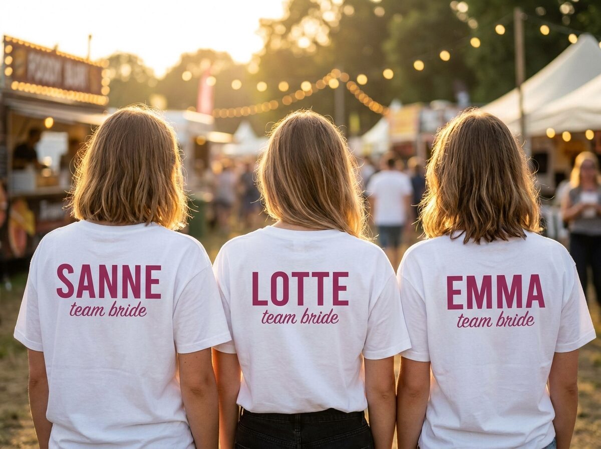 Weiße JGA-Shirts mit Namen und team bride auf dem Rücken